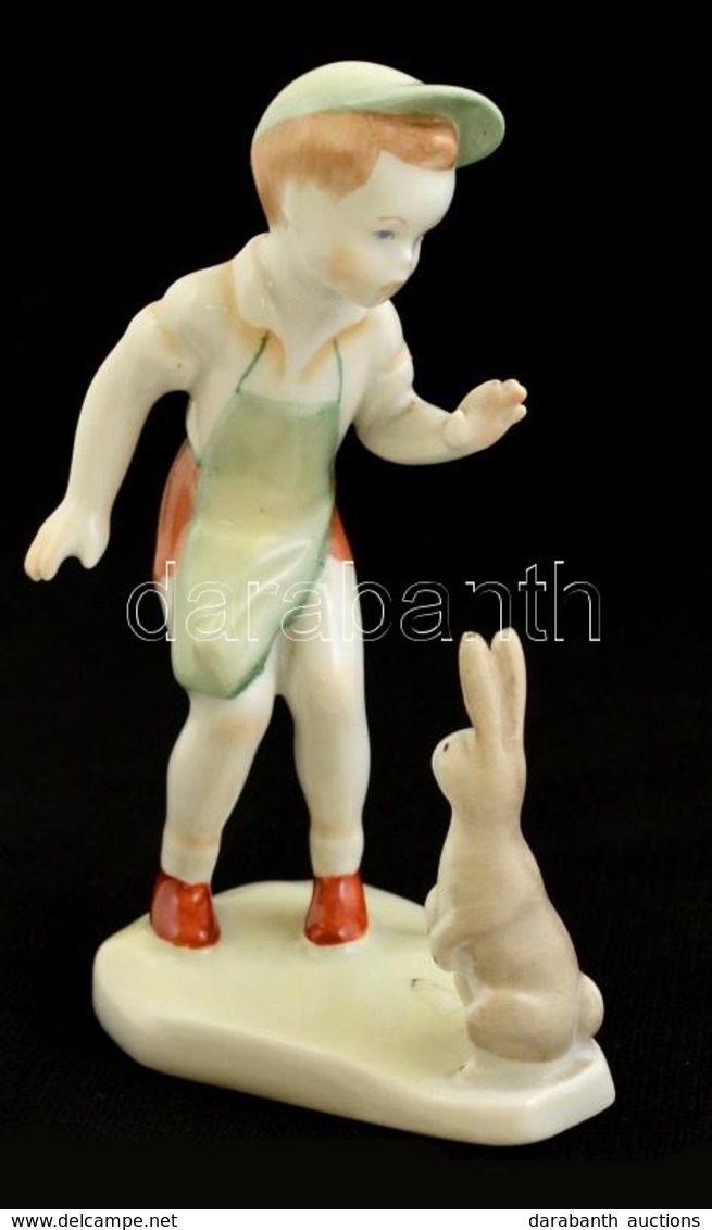 Aquincumi Porcelán Kisfiú Nyúllal, Kézzel Festett, Jelzett,hibátlan, M: 12 Cm - Other & Unclassified