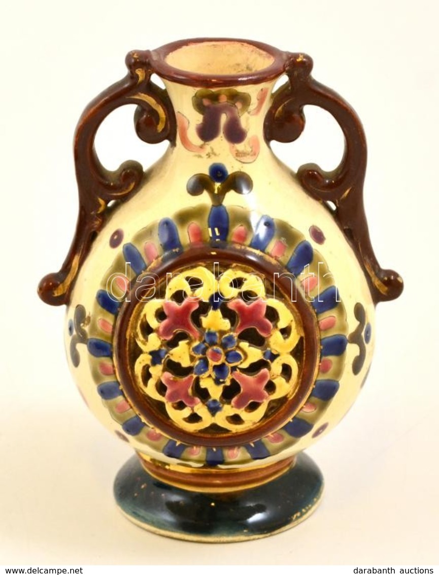 Áttört Füles Váza, Kézzel Festett Porcelán Fajansz, Márkajelzés Nélkül, Formaszámmal (357), M:12,5 Cm - Other & Unclassified