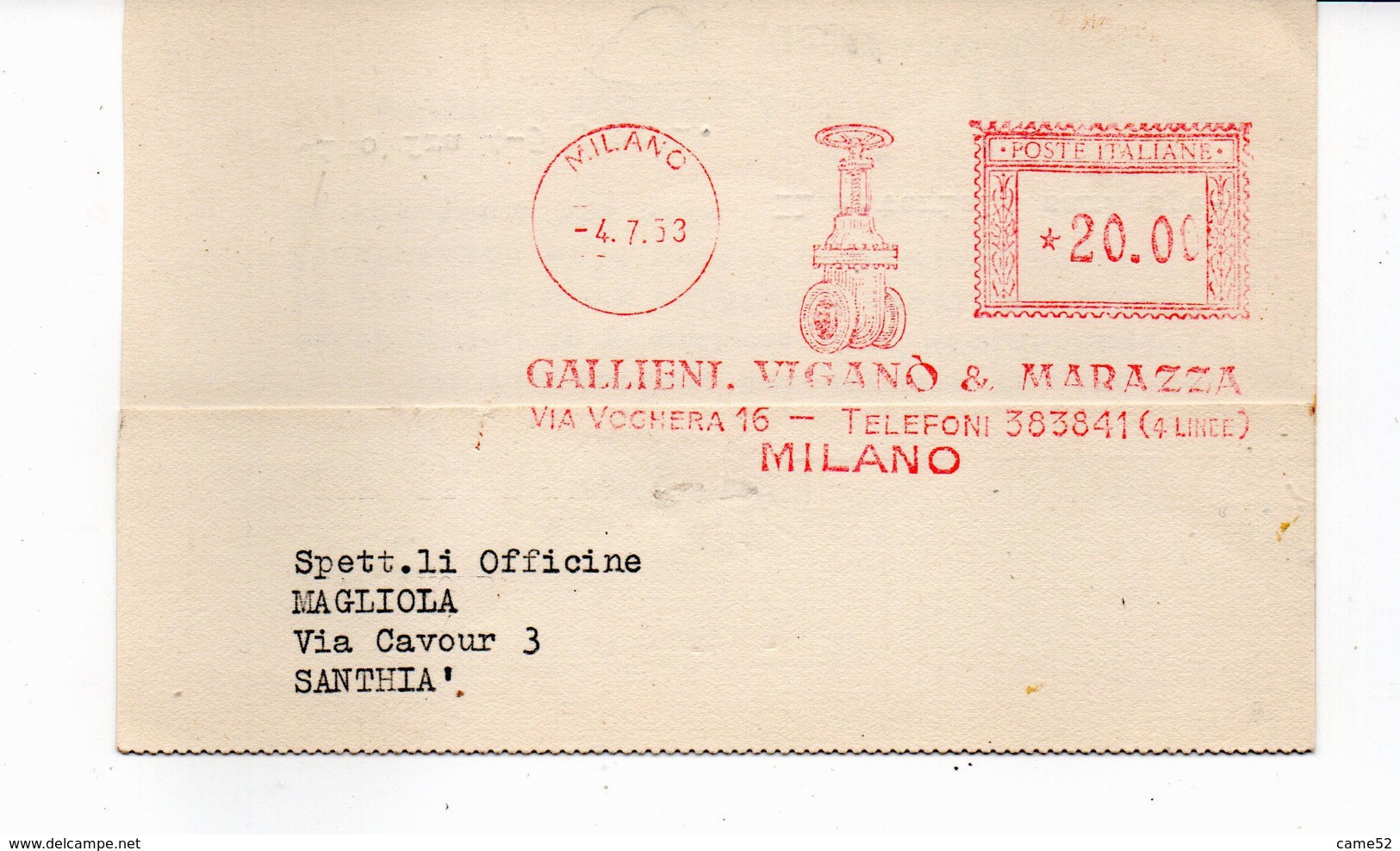 1953 Affrancatura Meccanica Rossa EMA Freistempel Milano Gallieni, Viganò & Marazza Valvola Idraulica - Macchine Per Obliterare (EMA)