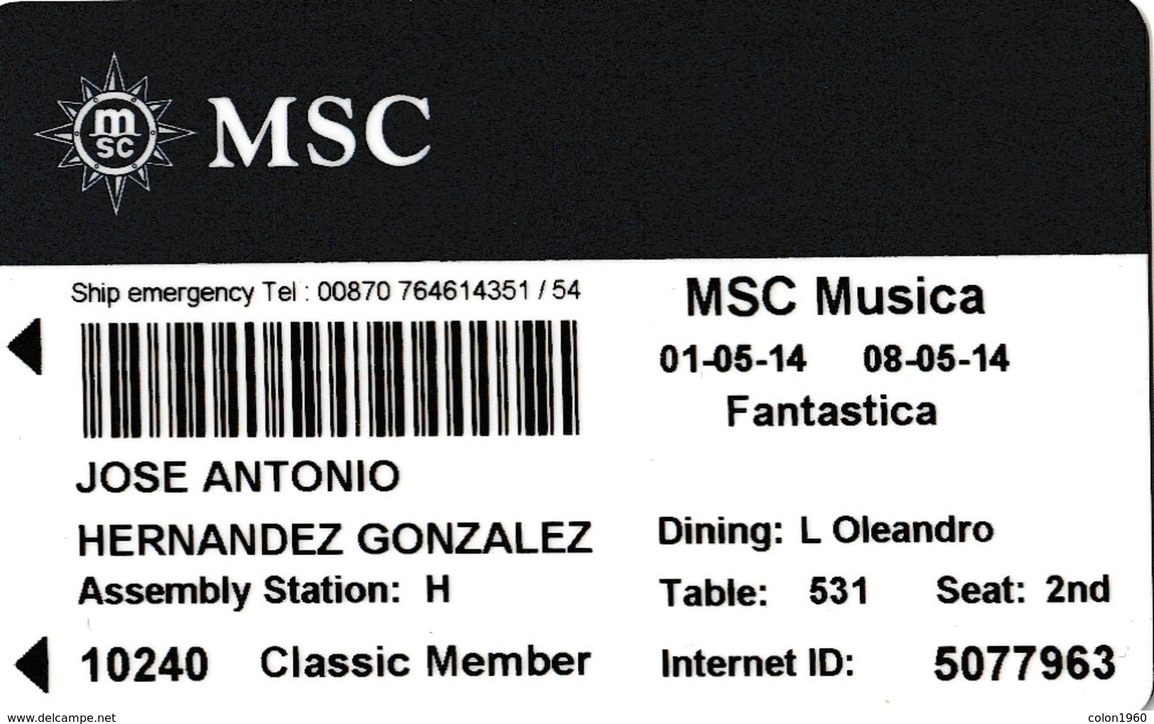 ITALY, CRUISER CABIN KEY CARD. MSC MUSICA. YEAR 2014. (026). - Cartes D'hotel