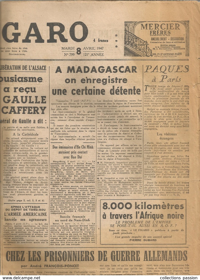 Journal , LE FIGARO ,n° 799, 8 Avril1947 ,frais Fr 2.45 E - Andere & Zonder Classificatie
