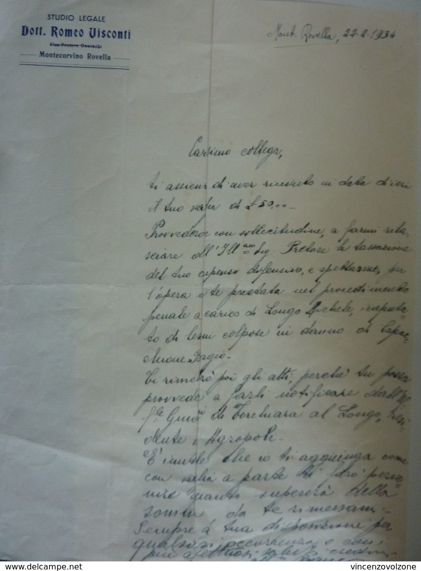 Lettera Manoscritta "STUDIO LEGALE Dott. ROMEO VISCONTI MONTECORVINO ROVELLA" 1934 - Documenti Storici