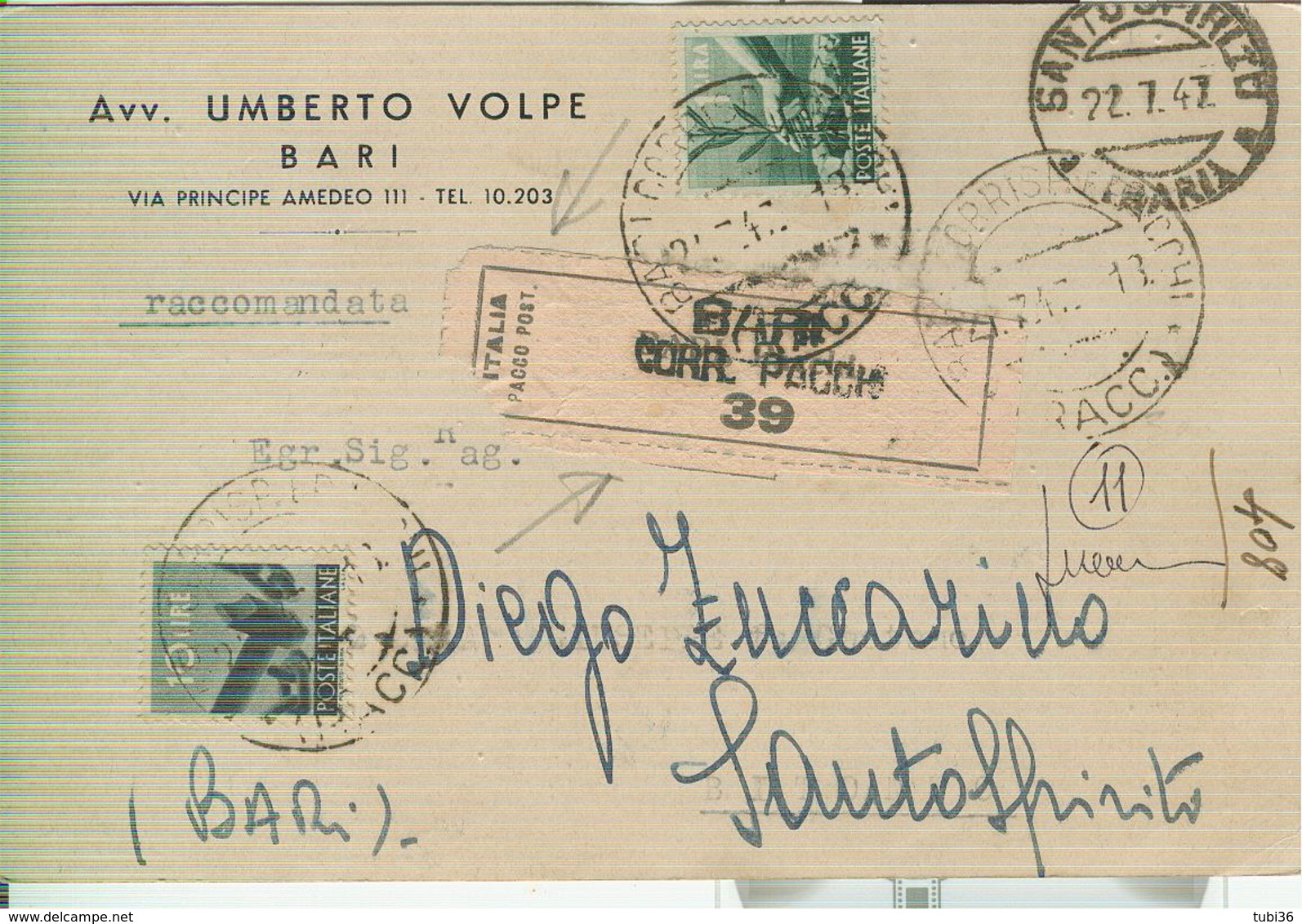 DEMOCRATICA £.1+10,TARIFFA C.P. RACCOMANDATA,1947,uso Etichetta PACCO POSTALE,TIMBRO POSTE BARI/SANTOSPIRITO,RR - 1946-60: Storia Postale