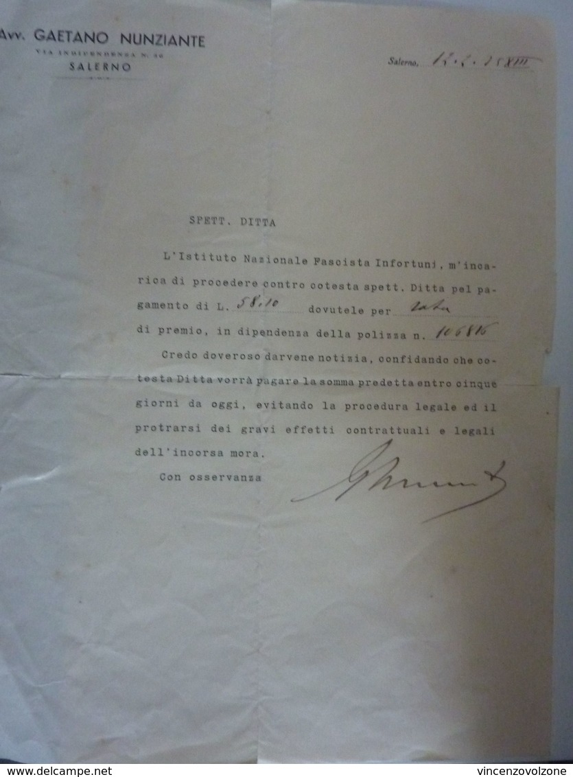 Lettera  "Avv. GAETANO NUNZIANTE  SALERNO - ISTITUTO NAZIONALE FASCISTA INFORTUNI" 1935 - Documenti Storici