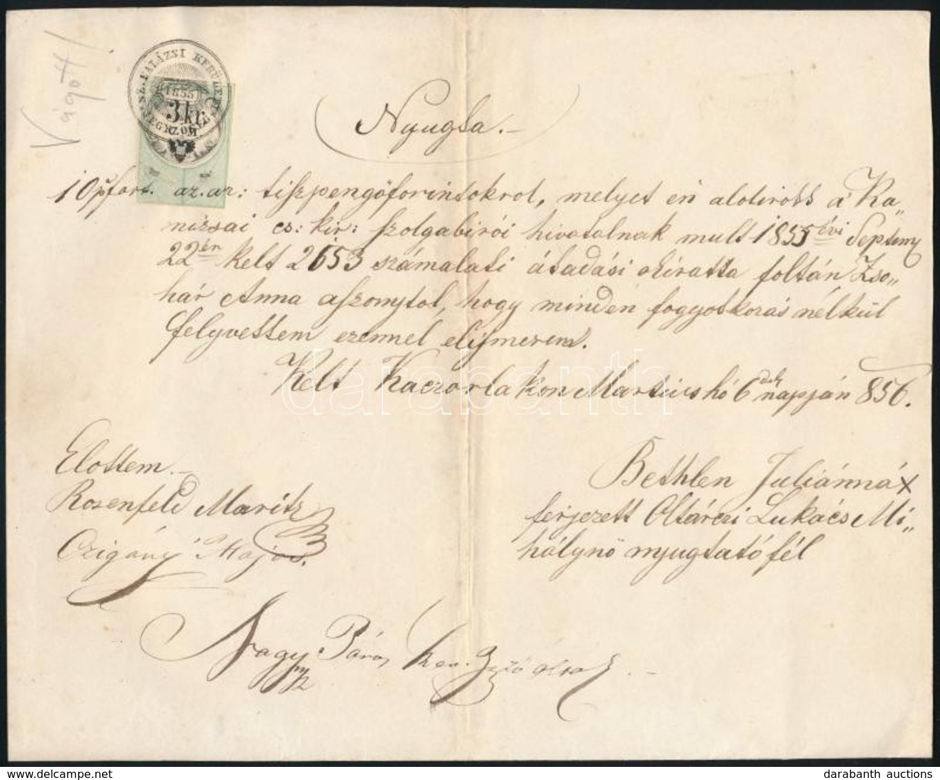 1856 3kr CM Ollóval Vágott Okmánybélyeg  Kaczorlak Okmányon /  Document Stamp Cut With Scissors - Sin Clasificación