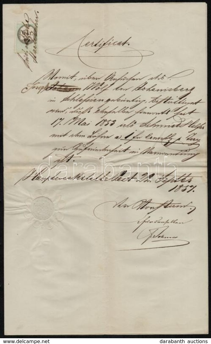 1856-1857 3 Db Német Nyelvű Okmány, Okmánybélyeggel és Felzetes Pecséttel - Unclassified