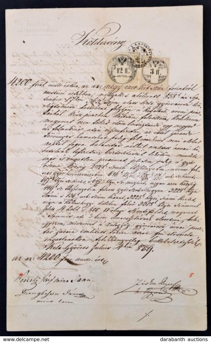 1859 Győrvárosi Árvabizottmány 4 Oldalas Kötelezvénye 3fl és 12fl (réz Nyomású Középrésszel) Okmánybélyeggel és Szárazbé - Unclassified