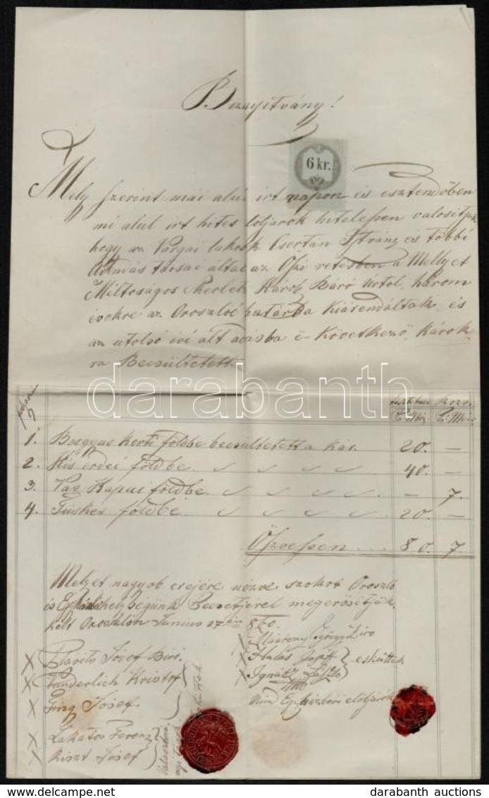 1860 Oroszló, Kárbecslési Bizonyítvány, 6 Kr. Okmánybélyeggel, Viaszpecséttel - Ohne Zuordnung