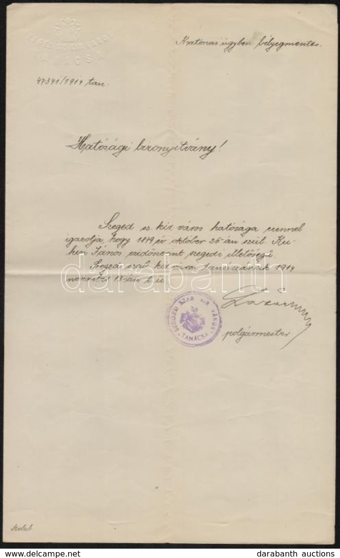 1914 Szeged, Szeged Sz. Kir. Város Tanácsának Hatósági Bizonyítványa Szegedi Illetőség Bizonyításának Tárgyában, A Város - Unclassified