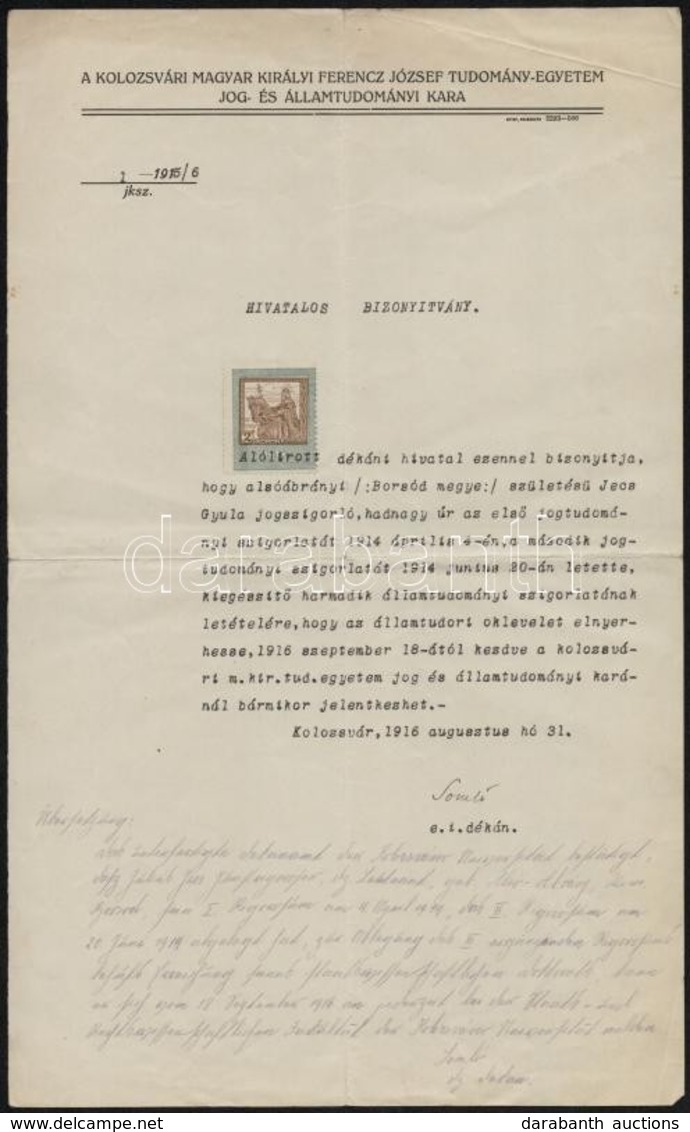 1916-1920 Jetts/Jecs/Jáky Gyula Hadnagy Bizonyítványa A Kolozsvári Magyar Kir. Ferenc József Tudományegyetem Jog és Álla - Unclassified