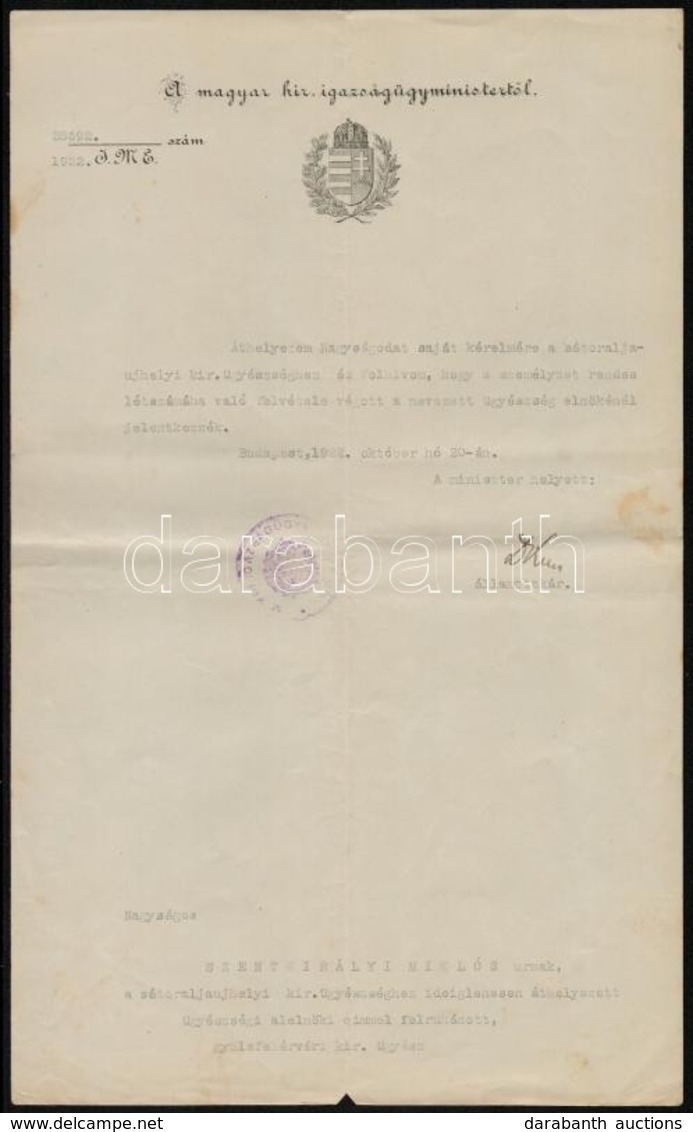 1922 Dr. Szentkirályi Miklós Sátoraljaújhelyi Kir. ügyészségi Alelnöki Kinevezése, A M. Kir. Igazságügyminisztérium Címe - Unclassified