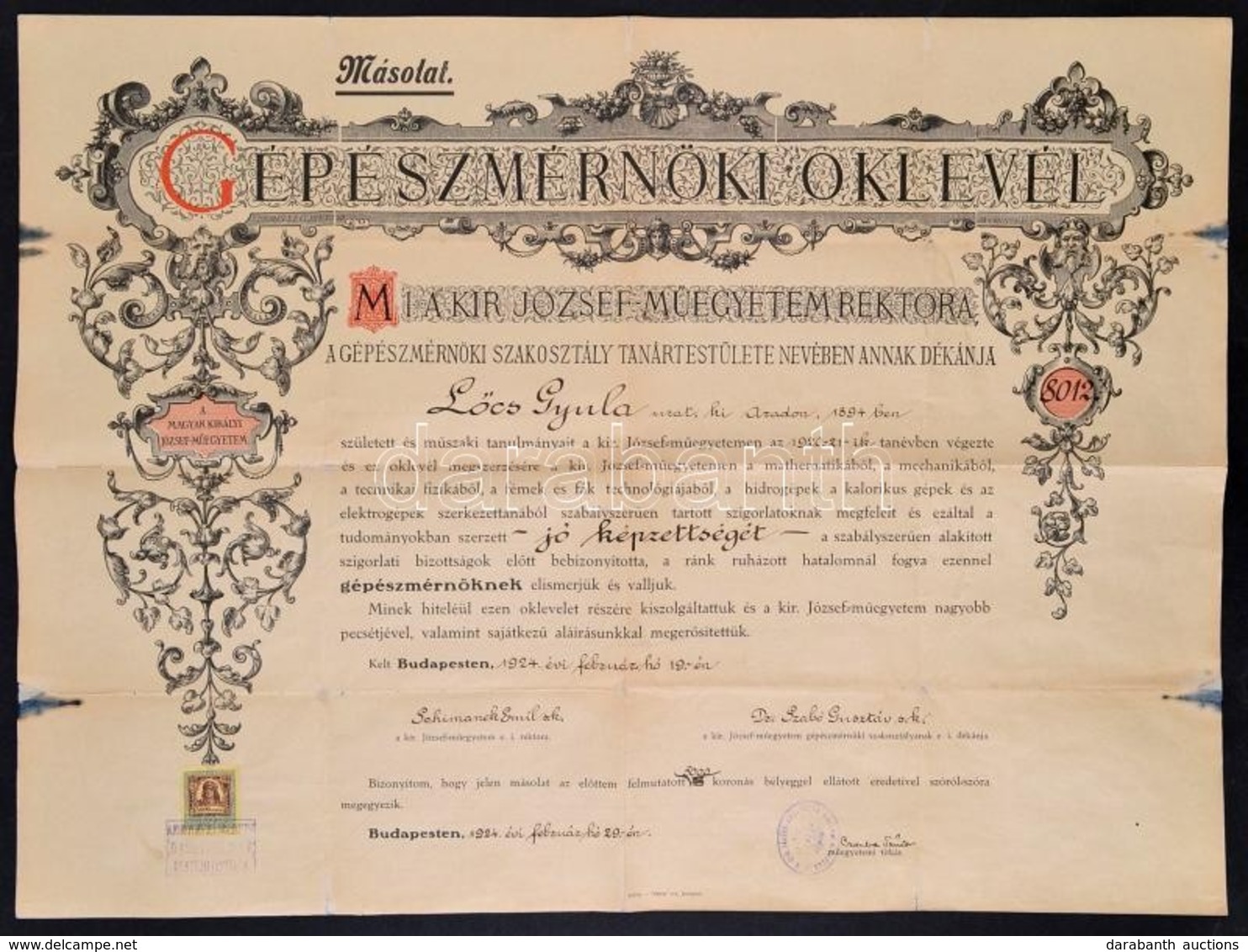 1924 Magyar Királyi József Műegyetem Gépészmérnöki Oklevél - Unclassified