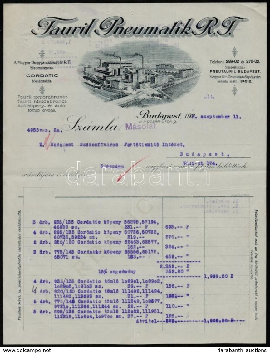 1928 Bp. VI., Tauril Pneumatik Rt. Díszes Fejléces Számlája, A Gyár Látképével - Unclassified