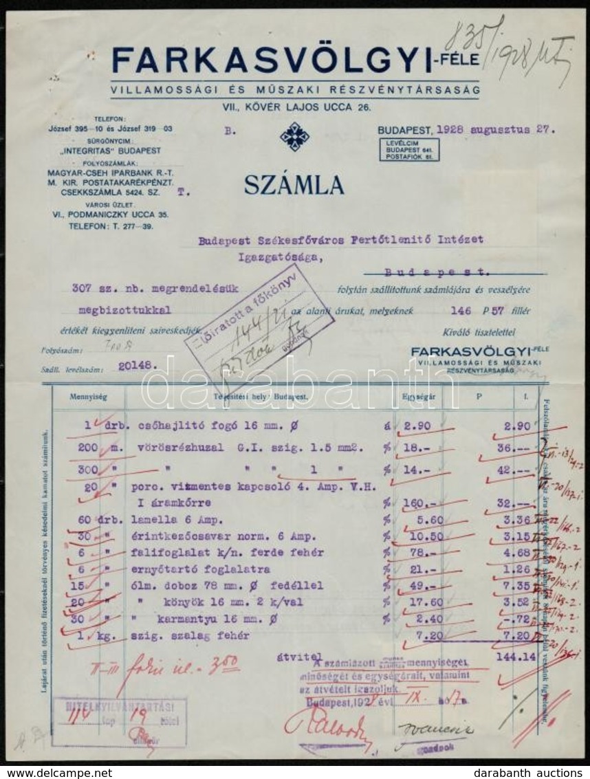 1928 Bp., Farkasvölgyi-féle Villamossági és Műszaki Részvénytársaság Fejléces Számlája Okmánybélyegekkel - Non Classés