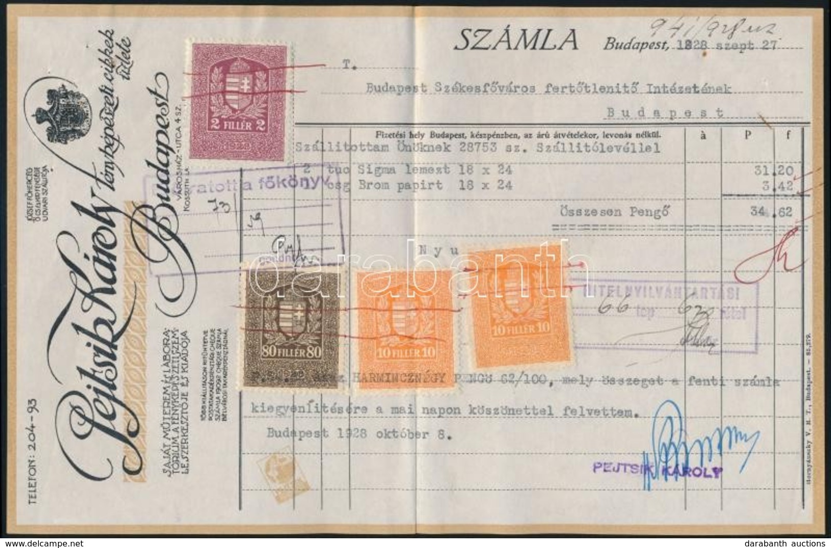 1928 Bp., Pejtsik Károly Fényképészeti Cikkek üzletének Fejléces Számlája Okmánybélyegekkel - Unclassified