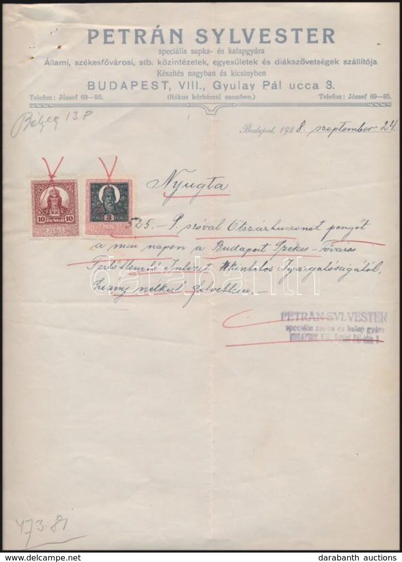 1928 Bp. VIII., Petrán Sylvester Speciális Sapka- és Kalapgyára Fejléces Számlája, Okmánybélyegekkel - Unclassified