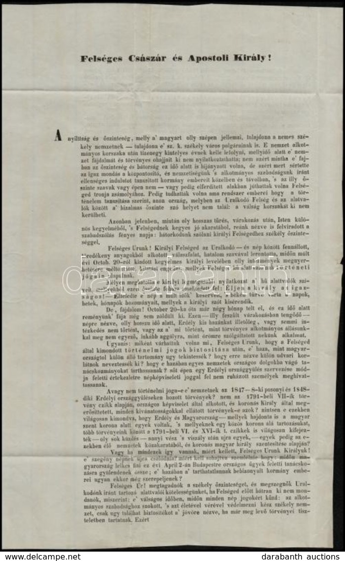 1861 Marosvásárhely Felirata A Királyhoz Szóló Folyamodvánnyal, Melyben Kifogásolják, Hogy Az Októberi Diplomán Alapuló  - Ohne Zuordnung