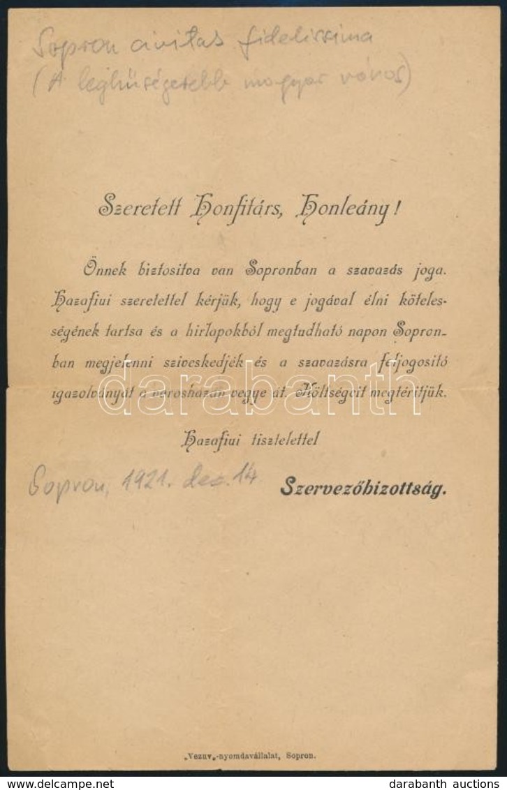 1921 A Soproni Népszavazáson Részvételre Buzdító Levél A Népszavazás Szervezőbizottságától Szeretett Honfitárs, Honleány - Non Classés