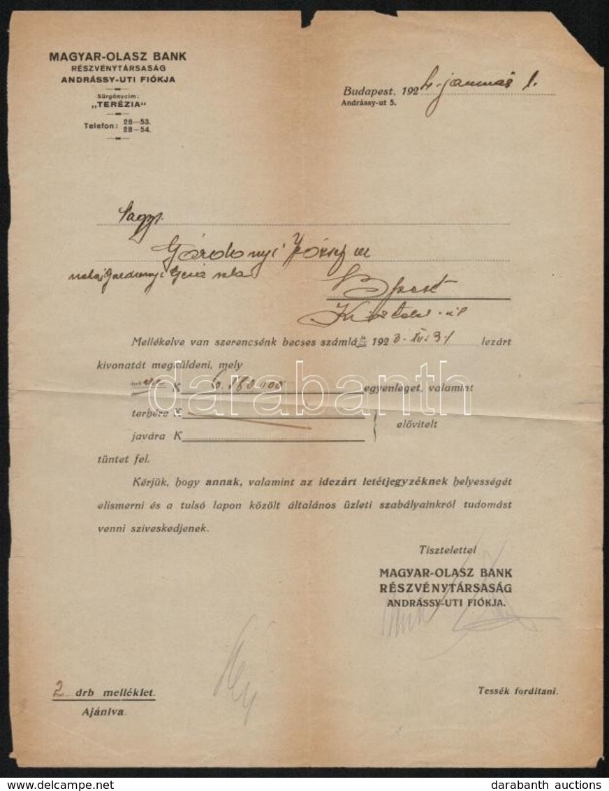 1924 Dr. Gárdonyi József (1891-1948), Gárdonyi Géza Fiának Magyar-Olasz Bank Rt. -nél Fenntartott Számlájának Kivonata,  - Ohne Zuordnung
