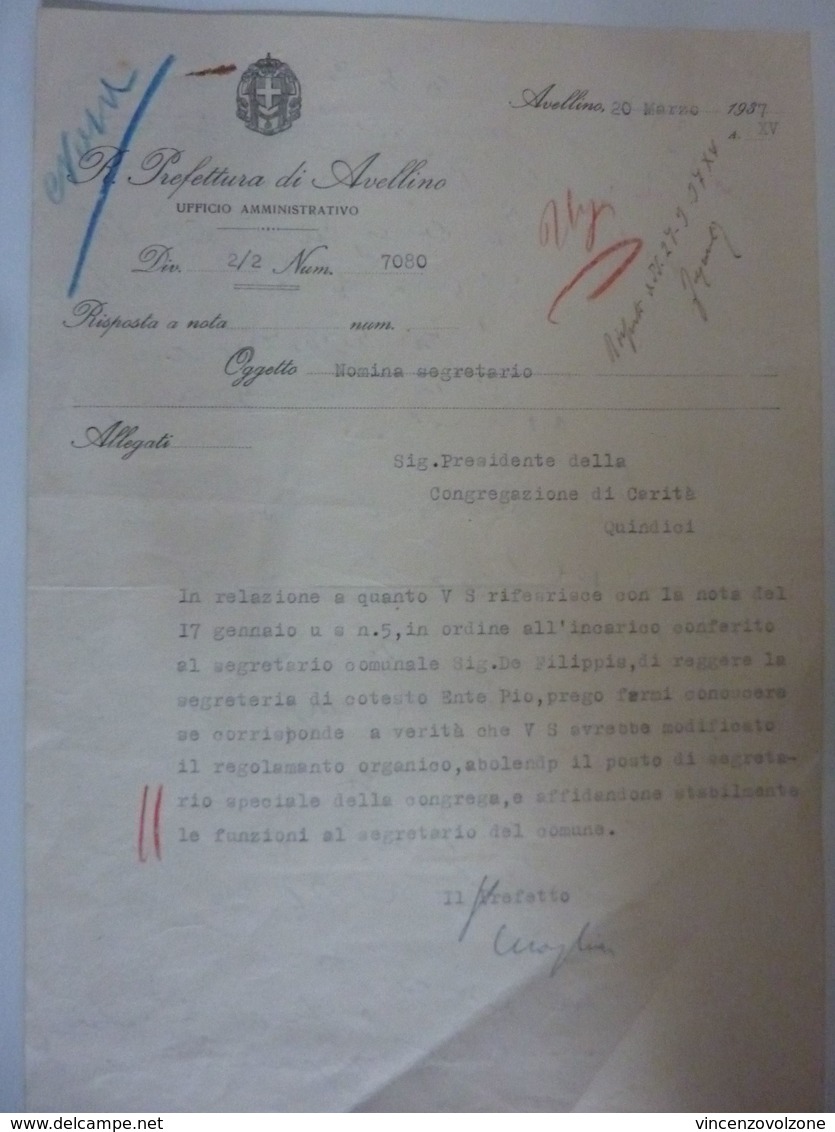 Lettera  "PREFETTURA DI AVELLINO - NOMINA SEGRETARIO" Avellino 30 Marzo 1937 - Documenti Storici