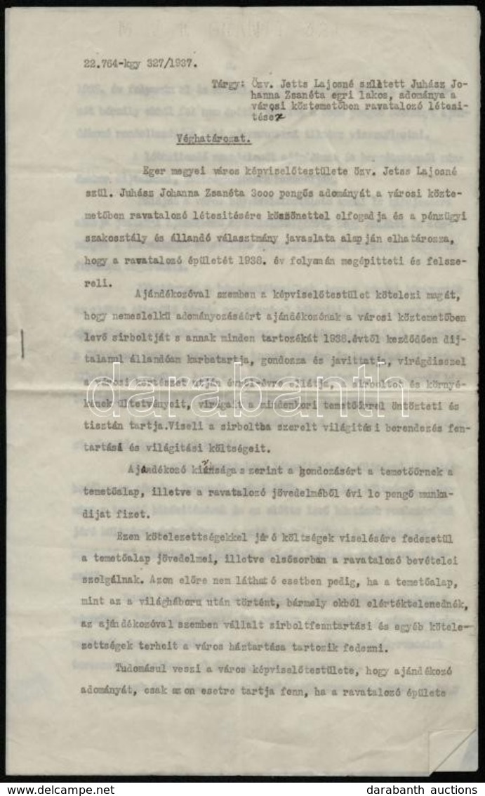 1937 Eger Megyei Város Képviselőtestületének Géplet Véghatározata 3000 Pengős Adomány ügyében, Melyet Ravatalozó Létreho - Unclassified