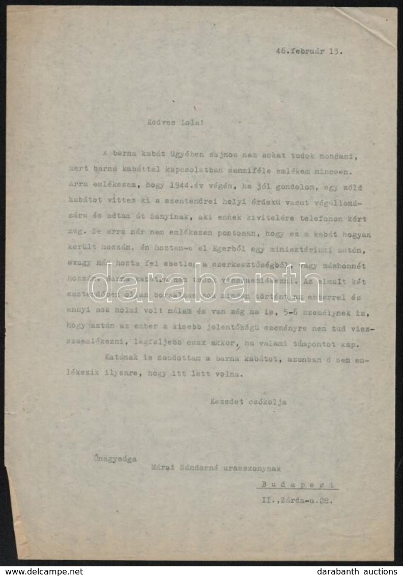 1946 Dr. Jáky Gyula Levele Márai Sándorné Lola Részére,(Márai Sándor) Sanyi Barna Kabátja ügyében, Aláírás Nélkül - Sin Clasificación