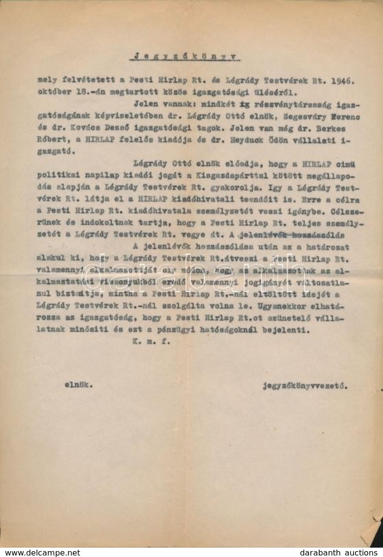 1946 Légrády Ottó (1878-1948) Mint A Pesti Hírlap Szerkesztőjének Levele Katona Jenő Főszerkesztőnek, Valamint Egy Igazg - Sin Clasificación