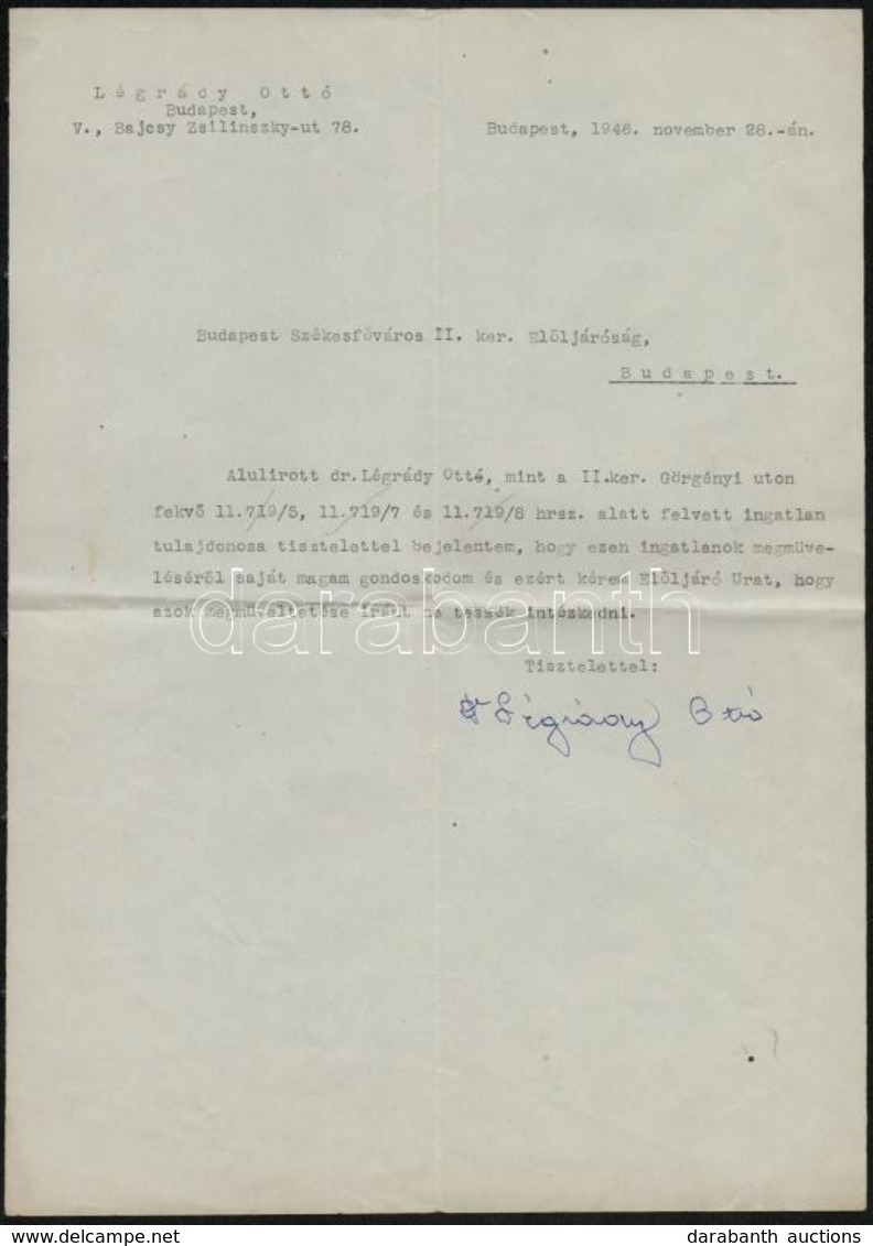 1946 Légrády Ottó (1878-1948) újságíró és Kiadó Aláírása Egy Budapest Székesfővárosa II. Ker. Elöljáróságának, Magánügyb - Non Classés