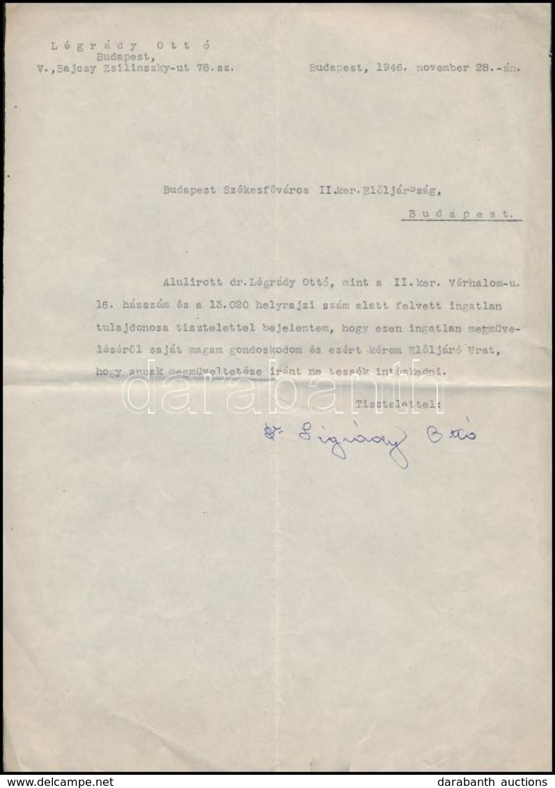 1946 Légrády Ottó (1878-1948) újságíró és Kiadó Aláírása Egy Budapest Székesfővárosa II. Ker. Elöljáróságának, Magánügyb - Unclassified