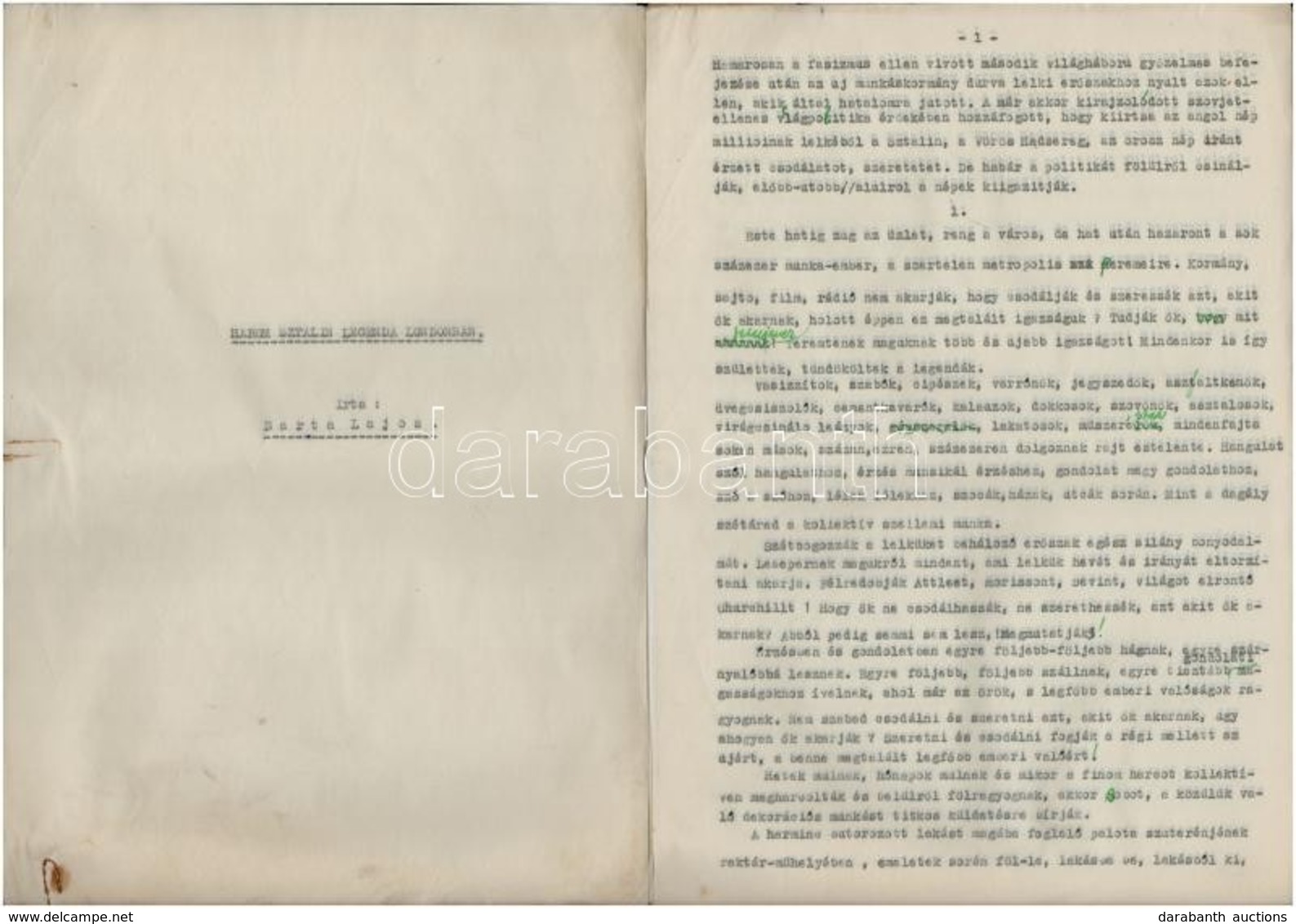 Cca 1949 HÁrom Sztálin Legenda Londonban. írta  Barta Lajos A Magyarok Világszövetségének Elnöke Gépirat 3 Példányban. ö - Ohne Zuordnung