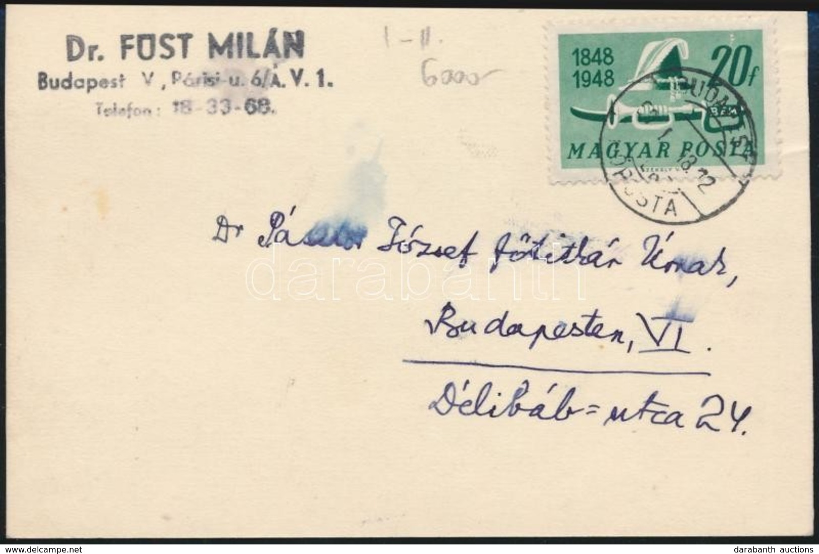 1950 Füst Milán (1888-1967) író, Költő Saját Kezű Sorai Megcímzett Kártyán - Non Classés