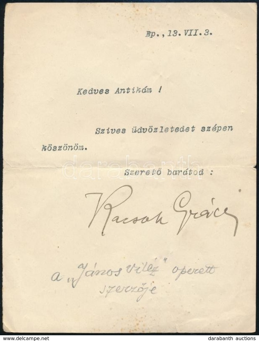 Kacsóh Pongrác (1873-1923) Zeneszerző Saját Kézzel Aláírt üdvözlő Levele - Autres & Non Classés