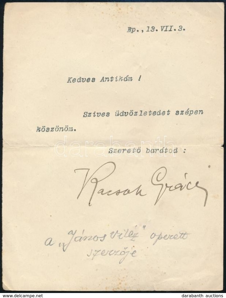 Kacsóh Pongrác (1873-1923) Zeneszerző Saját Kézzel Aláírt üdvözlő Levele - Other & Unclassified