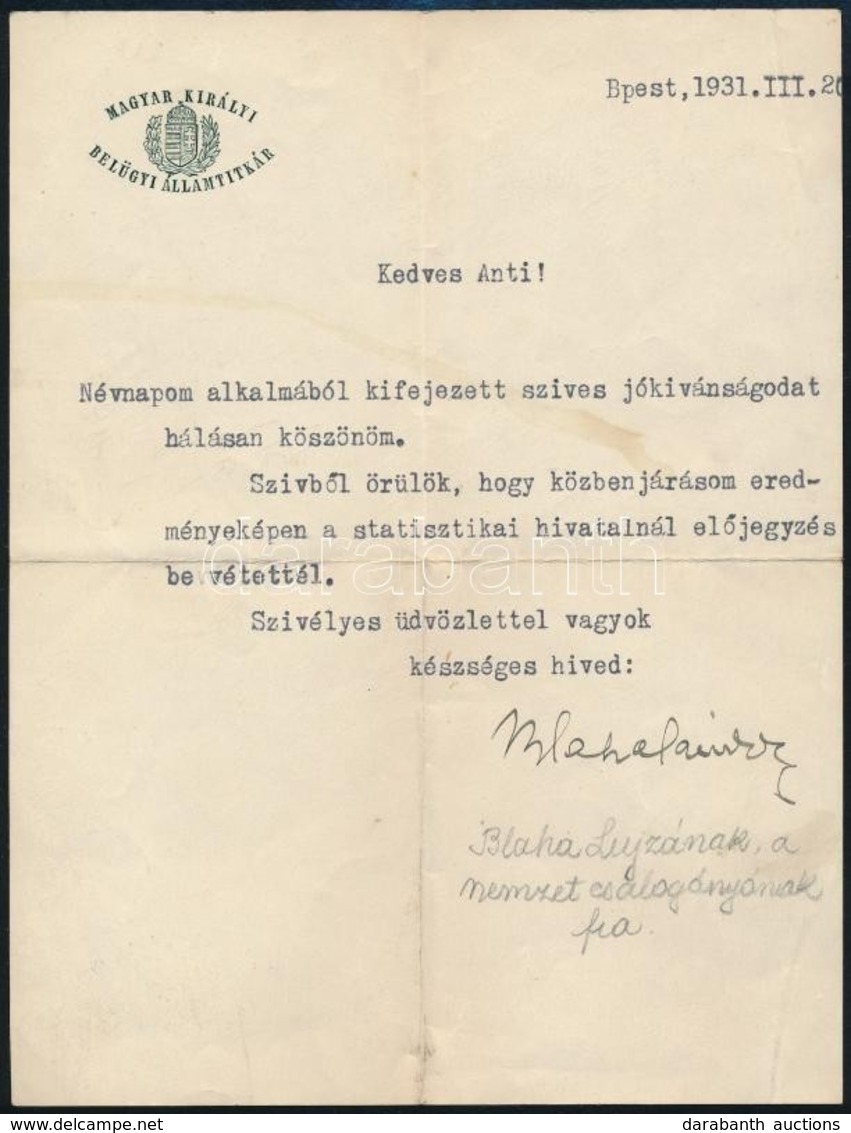 Blaha Sándor (1874-1948) Belügyminisztériumi államtitkár, Blaha Lujza Fiának Aláírása Levélen - Other & Unclassified