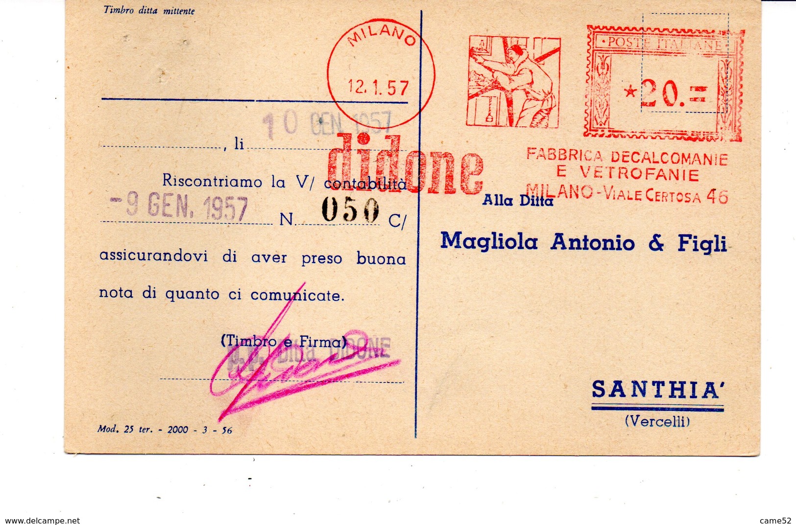 1957 Affrancatura Meccanica Rossa EMA Freistempel Milano DIDONE Fabbrica Decalcomanie E Vetrofanie Operaio - Macchine Per Obliterare (EMA)