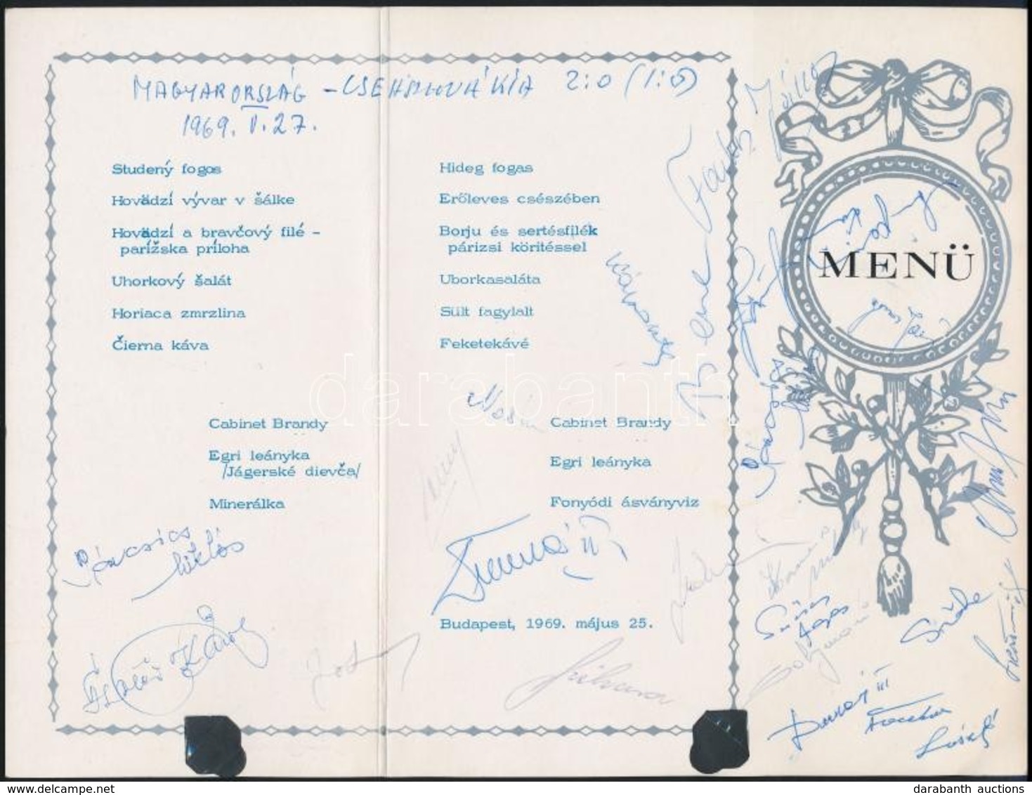 1969 A Magyaroroszág Csehszlovákia (2:0) Mérkőzás Után I Díszvacsora étlapja A Labdarúgók Aláírásaival / Autograph Signe - Autres & Non Classés