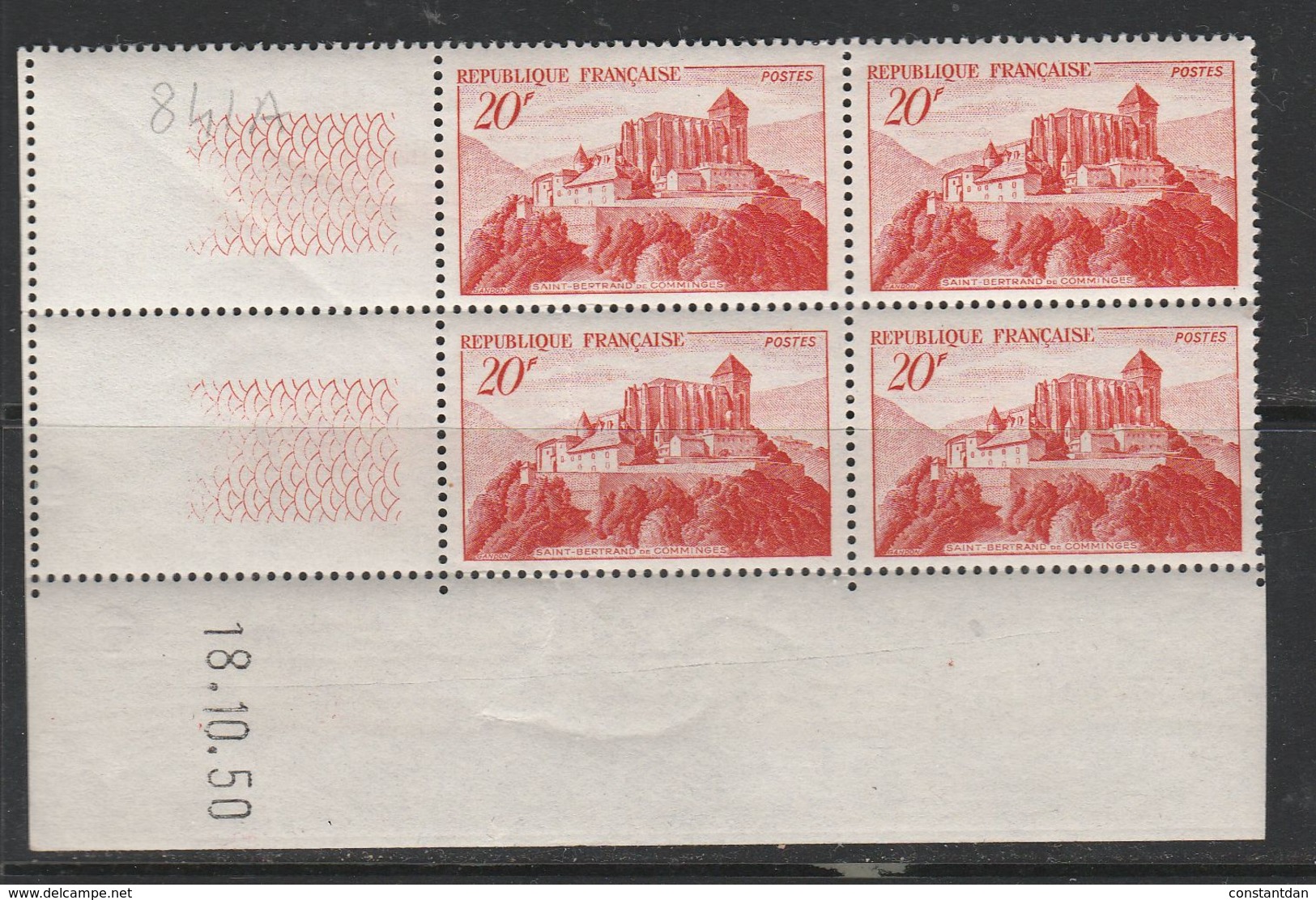 FRANCE N°841A  20F ROUGE BRIQUE ST BERTRAND DE COMMINGES COIN DATE DU 18.10.1950 NEIF SANS CHARNIERE - 1950-1959