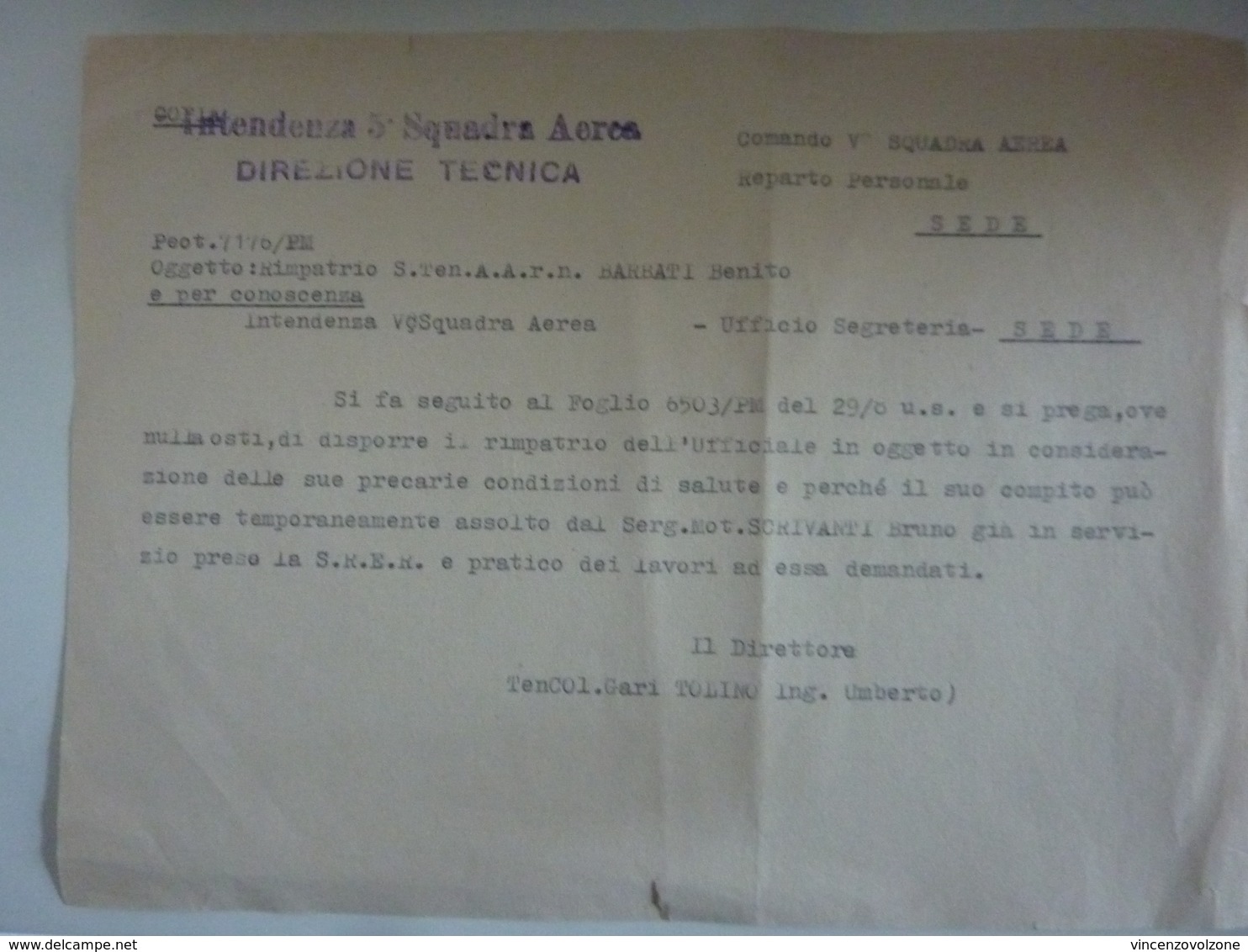 Lettera "REGIA AERONAUTICA  INTENDENZA 3° SQUADRA AEREA Rimpratrio Sottotenente" Anni '40 - Documenti Storici
