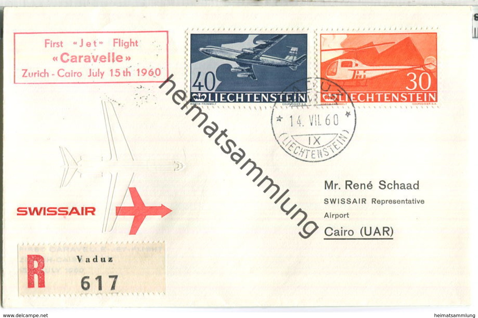 Swissair - First Jet Flight - Caravelle - Vaduz-Cairo 1960 - First Flight Covers