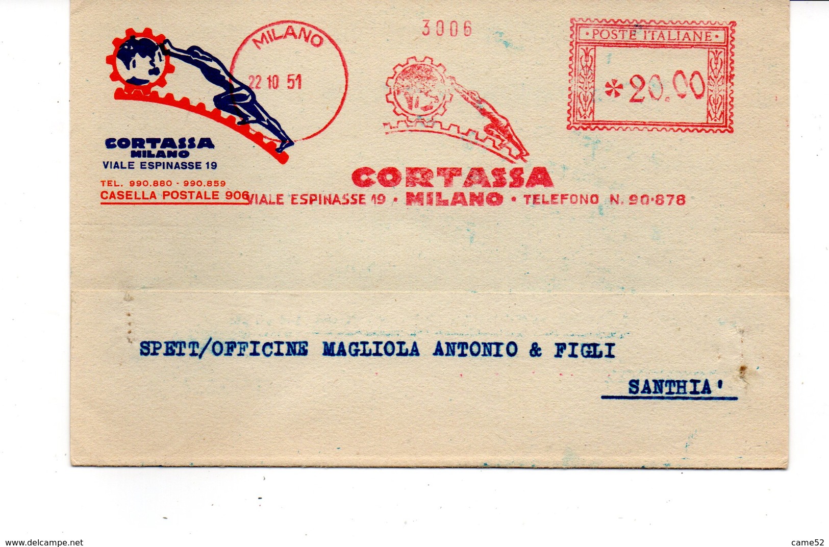 1951 Affrancatura Meccanica Rossa EMA Freistempel Milano CORTASSA Fabbrica Ingranaggio Industriali - Macchine Per Obliterare (EMA)