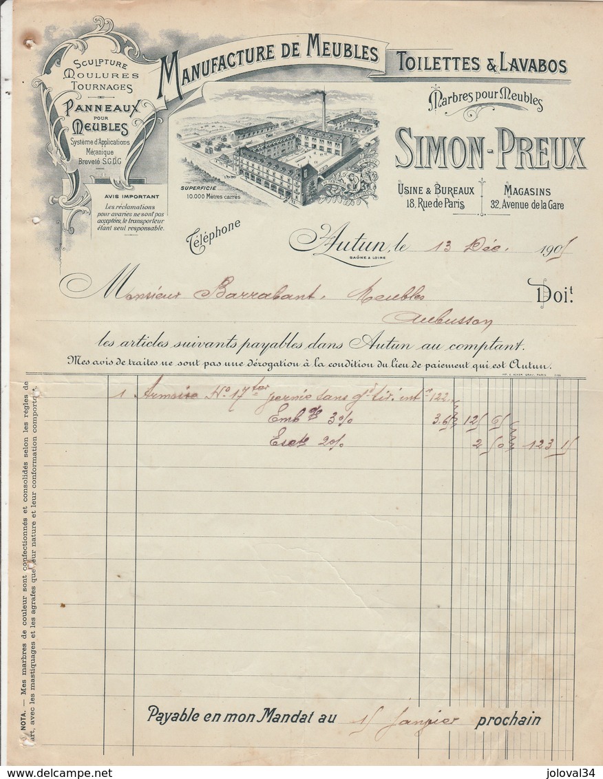 Facture Illustrée 13/12/1905 SIMON PREUX Meubles Toilettes Lavabos Marbre AUTUN Saône Et Loire - 1900 – 1949