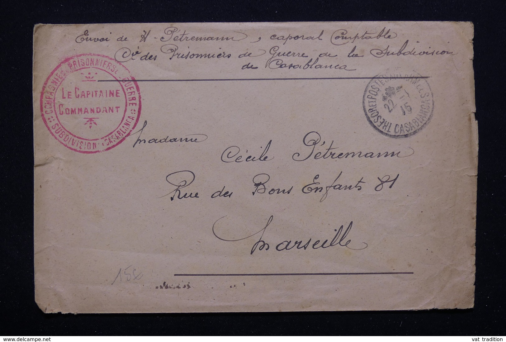 MAROC - Enveloppe En FM Du Camp De Prisonniers De Guerre à Casablanca Pour Marseille En 1915 - L 21282 - Lettres & Documents