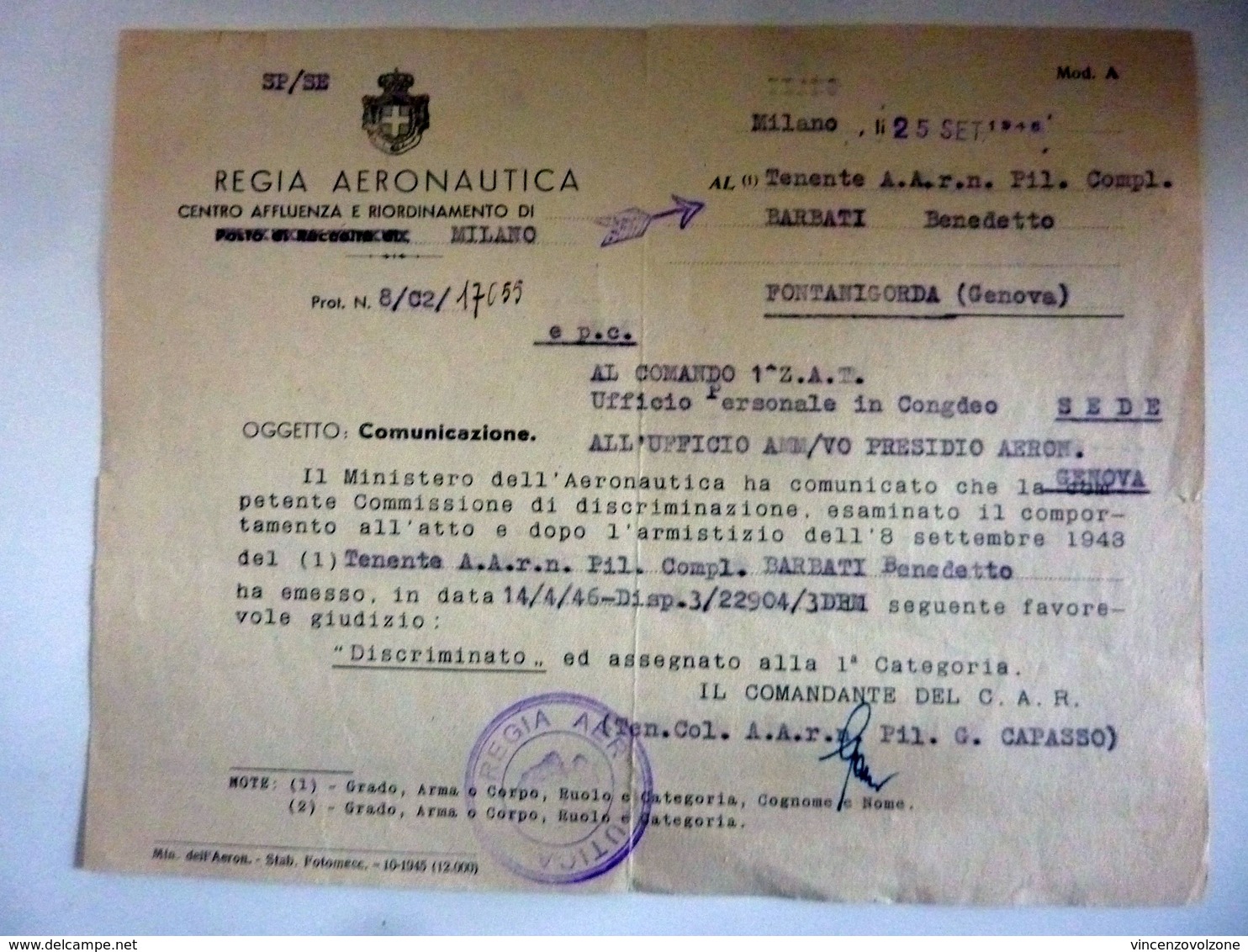 Lettera "REGIA AERONAUTICA  - DICRIMINAZIONE TENENTE ARMISTIZIO 8 SETTEMBRE 1943" Milano, 25 Settembre 1946 - Historische Documenten