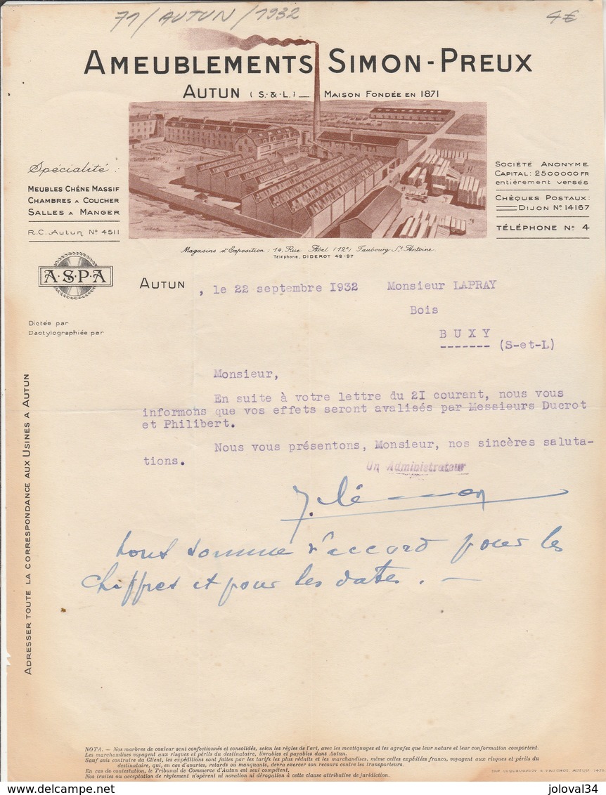 Facture Illustrée 22/9/1932 SIMON PREUX Meubles Ameublement AUTUN Saône Et Loire - 1900 – 1949