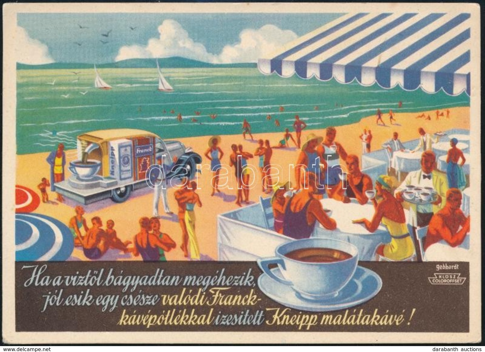 Cca 1920-1940 Gönczi-Gebhardt Tibor (1902-1994): Franck Henrik Fiai Rt. Kávé Reklámos Képeslapja, Balatonos Motívummal,  - Publicidad