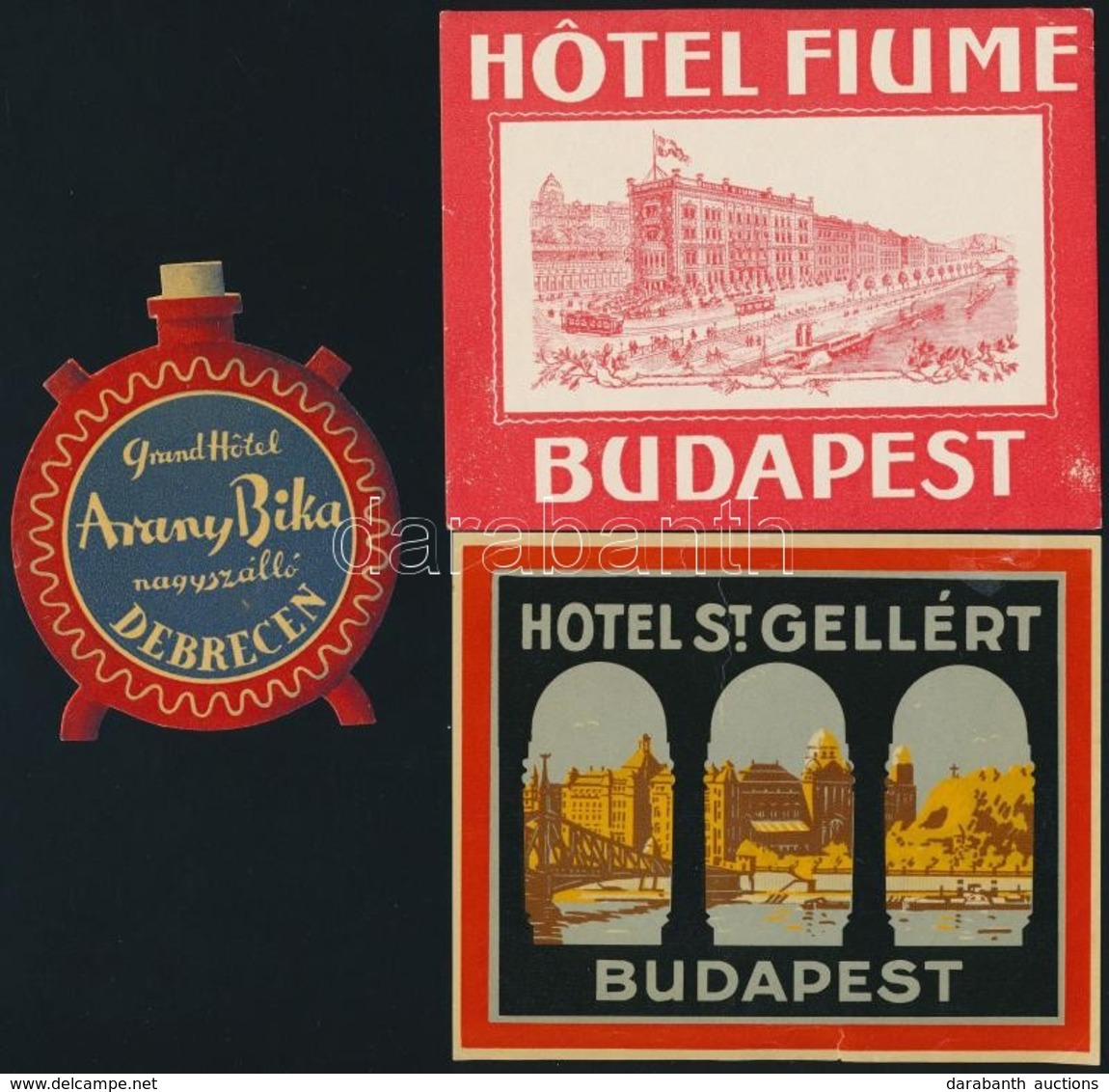 3 Db Régi Bőröndcímke (Arany Bika Debrecen, Hotel Fiume Budapest, Hotel St. Gellért) - Publicidad