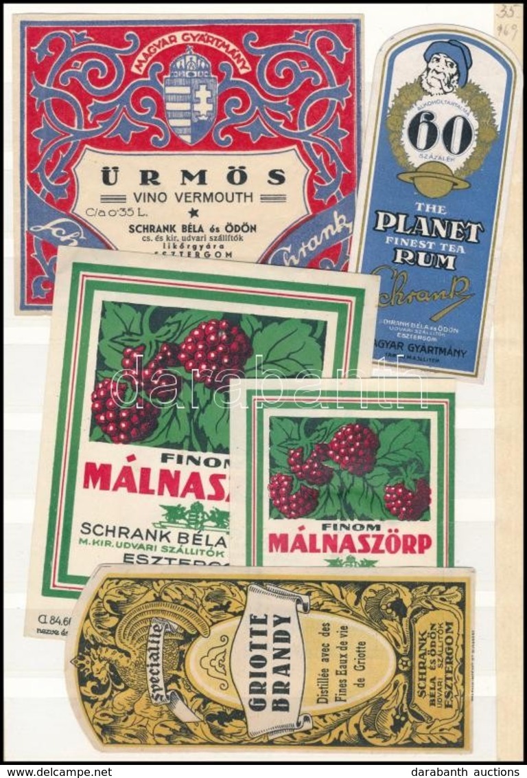 Cca 1910-1940 Schrank Béla és Ödön Italcímkék, 5 Db, Közte : Ürmös, Planet Rum, Finom Málnaszörp 2 Db, Griotte Brandy, 8 - Werbung