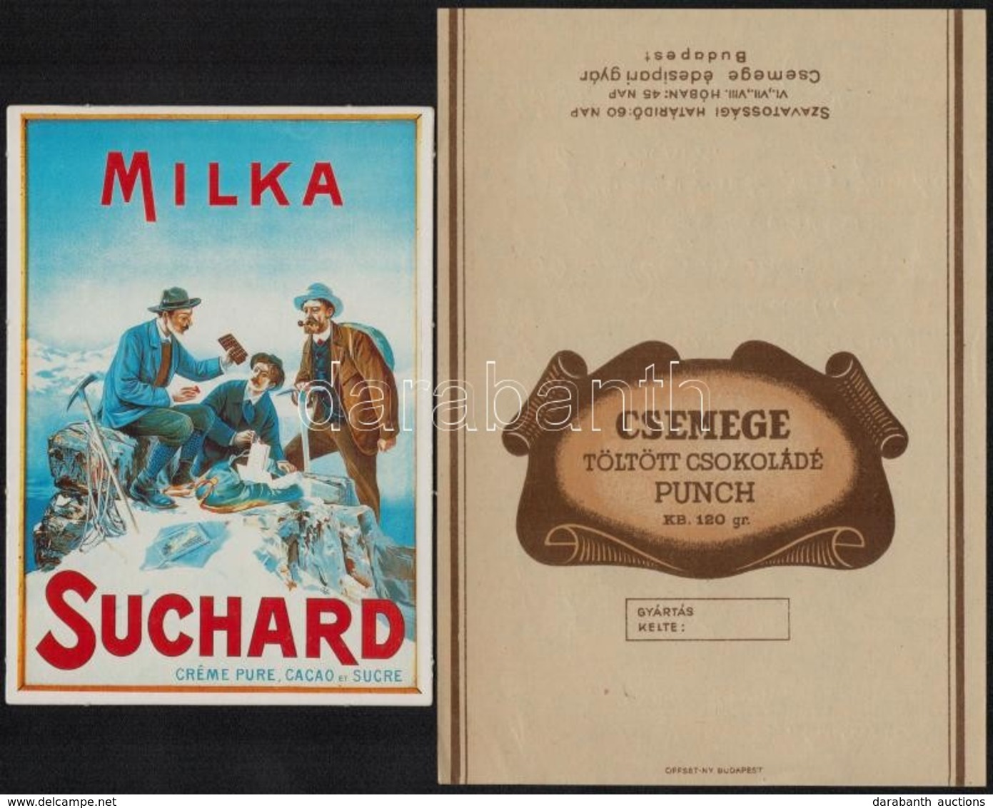 2 Db Csokoládépapír és Csokoládéreklám (Milka Suchard, Csemege Töltött Csokoládé Punch) - Advertising