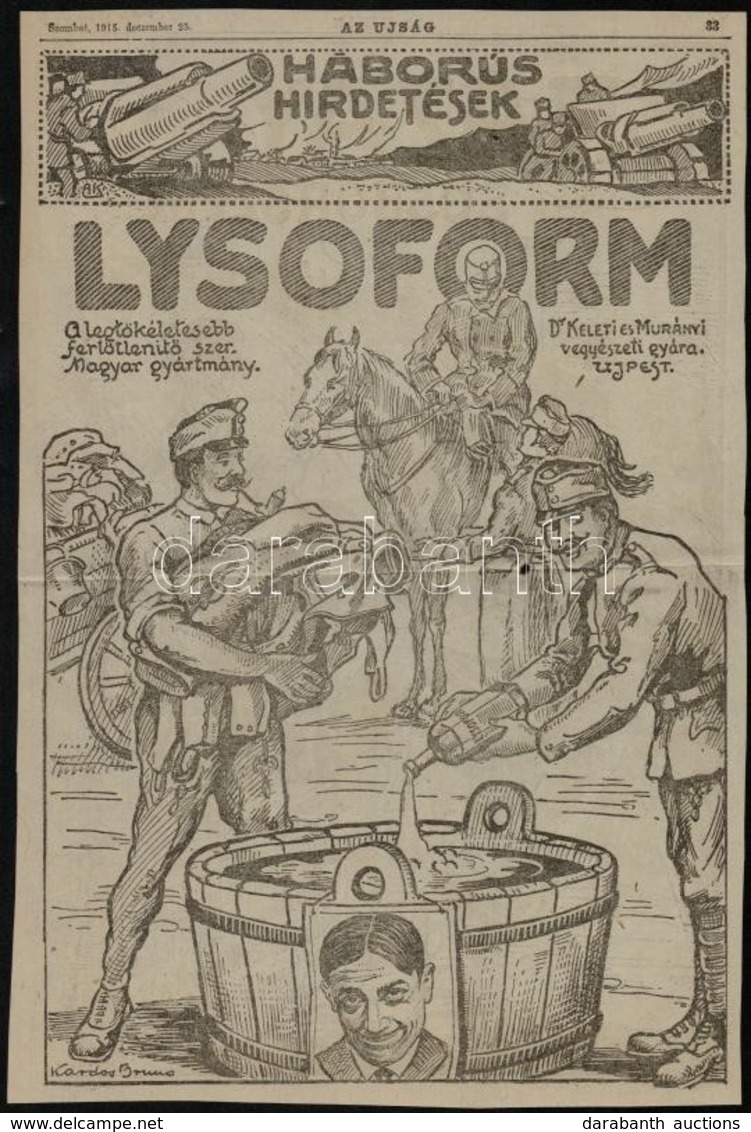 1915 Lysoform/ Brázay Sósborszesz Nagyméretű újságreklám, 36x24 Cm - Werbung