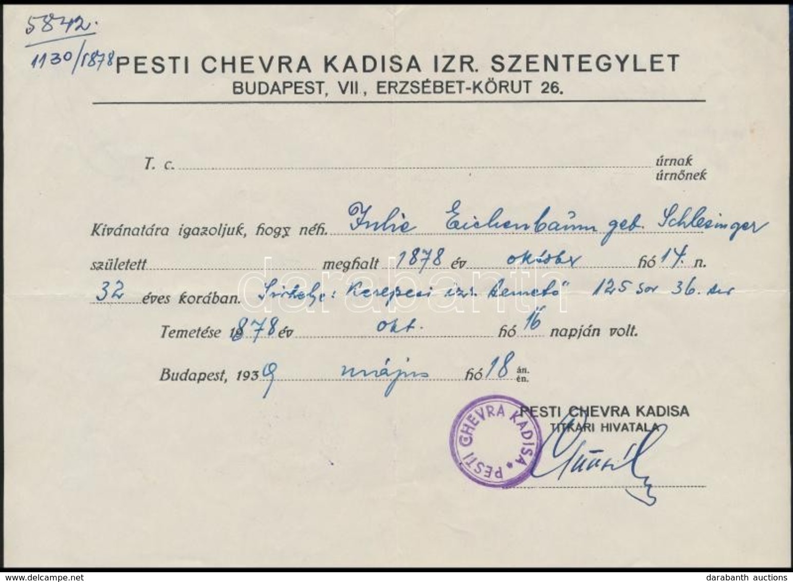 1939 Pesti Chevra Kadisa Igazolás, Balassagyarmat Deutsch Dávid Rabbi által Aláírt Születési Igazolvány. - Other & Unclassified